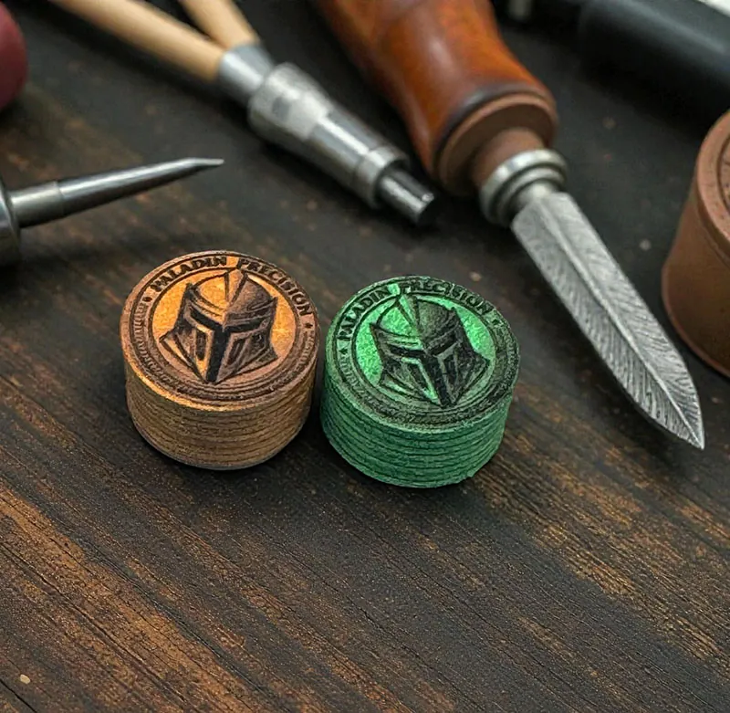 Tan and green Paladin Precision layered cue tips on a cue maker's workbench