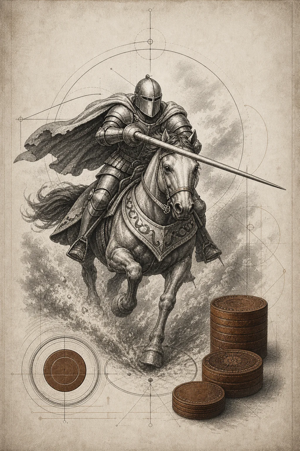 Original engraved Paladin horseman artwork with precision drafting geometry